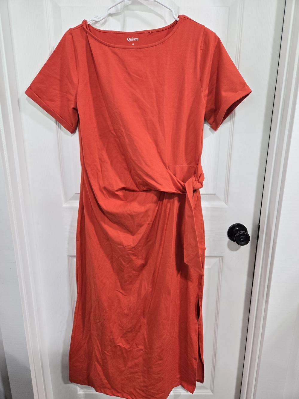 Quince Coral-Red Short Sleeve Tie-Waist Maxi Dress